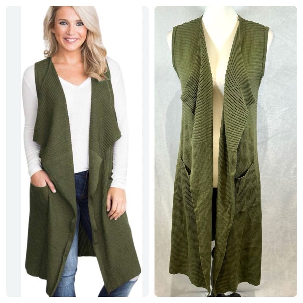 Olive green ribbed knit long line cardigan sweater vest with pockets size large